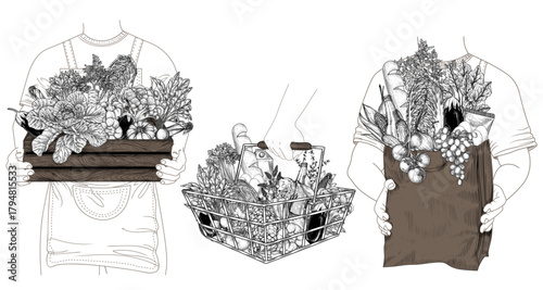 A set of 3 vector illustrations of food delivery. Vegetables in a wooden box, healthy foods in a paper eco-bag, a shopping basket in a store. Prints for farmers' markets