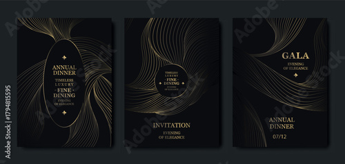 Premium gold background card design, elegant wave lines, abstract patterns, VIP aesthetic, luxury gala invitations. Modern vector template, dark geometric frame for events, invitations