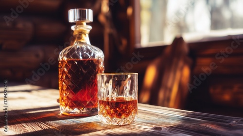 Crystal decanter with whiskey on rustic wooden table. Generative AI