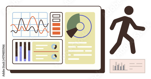 Data graphs, pie chart, and analytics interface alongside a walking figure symbolizing activity tracking. Ideal for fitness, performance analysis, workflow monitoring, progress, data trends