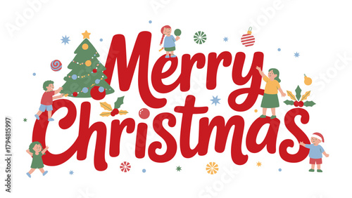 Cheerful Christmas Cheer: Colorful illustration. The Merry Christmas greeting is surrounded by whimsical Christmas imagery and delightful characters. capturing the holiday spirit with a touch of fun.