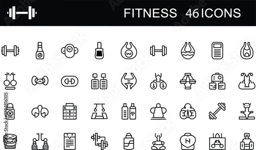 Fitness and gym vector outline icons set. Containing essential symbols like dumbbell, weights, supplements, water bottle, sports nutrition, exercise equipment, and healthy lifestyle.