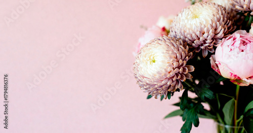 Floral banner with pink and white chrysanthemum flowers on a soft pink background. There is an empty space for text on the right.
