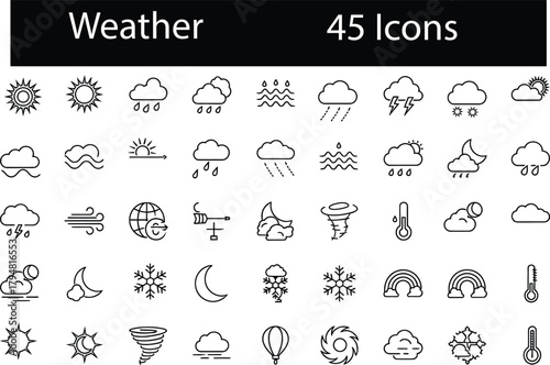 Weather and meteorology vector outline icons set. Containing essential symbols like sun, rain, cloud, snow, storm, temperature, wind, rainbow, and natural phenomena.