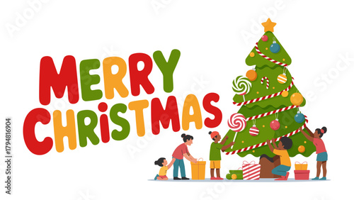 Joyful Christmas Celebration: A heartwarming scene unfolds as children gather to decorate a vibrant Christmas tree, creating a spirit of joy and togetherness, embodying the spirit of the season.