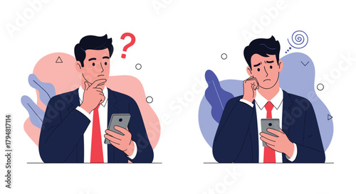 A man in a suit looking at his phone with a question mark and then looking worried.