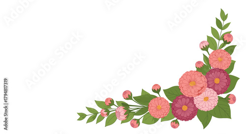 Beautiful pastel floral arrangement with green leaves in the corner of a white background.