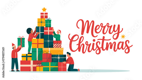 Christmas cheer illustration: A vibrant illustration depicts a Christmas theme, featuring a stack of presents shaped like a Christmas tree, and the words Merry Christmas .