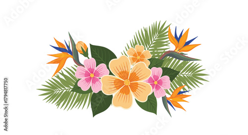 A vibrant tropical floral arrangement featuring birds of paradise and hibiscus flowers surrounded by lush green palm leaves.