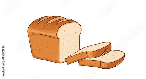 A loaf of freshly baked white bread with several slices cut from the side for a delicious breakfast.