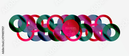 Overlapping circles create abstract pattern. Colors include pinks, greens, blues. Minimalist design suits backgrounds, textures.