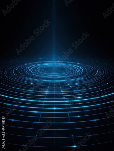 Visual Representation of Blue Light Waves in a Dark Space With Concentric Circles and Glowing Points, Creating an Abstract Digital Effect