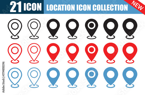 Location pin icons. Blak, Red, Blue, Location set. Map marker pointer symbols, GPS location. Navigation map, location navigation