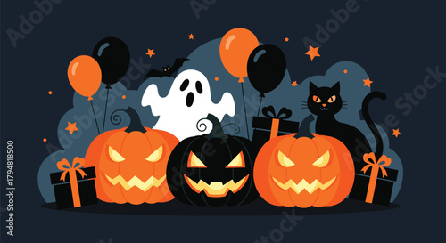 Spooky halloween scene with carved pumpkins ghosts bats and black cats on a dark background.