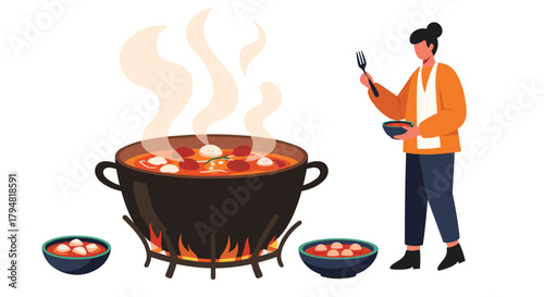 Person stirring a large pot of stew cooking over an open flame with small bowls of stew nearby.