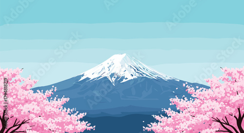 A beautiful pixel art scene of Mount Fuji with blooming cherry blossom trees in the foreground.
