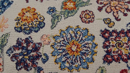 Colorful Floral Tapestry Fabric Texture Close Up.
