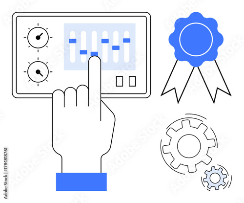 Hand toggling controls on a digital panel with award ribbon and gears representing quality, performance, and settings management. Ideal for improvement, quality control, customization, engineering