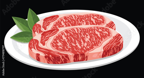 Two marbled raw beef steaks on a white plate with green leaves.