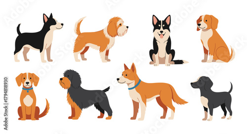 A charming collection of various dog breeds depicted in a pixel art style.