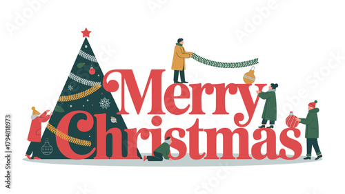 Festive Christmas Gathering: A charming holiday scene unfolds with a beautifully decorated Christmas tree, amidst the cheerful message Merry Christmas and figures add touches of festive decorations.