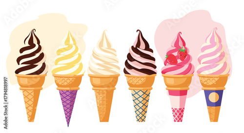 A delightful collection of various flavored soft serve ice cream cones in vibrant colors.