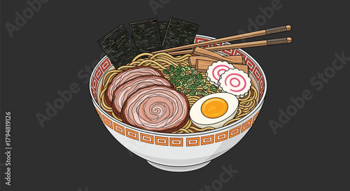 A close-up pixel art illustration of a delicious bowl of savory ramen noodles with various toppings and chopsticks resting on top.