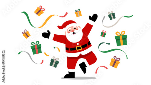 Santa's Festive Celebration: Santa Claus is shown in a joyful pose amidst falling presents and colorful streamers, embodying the spirit of Christmas.
