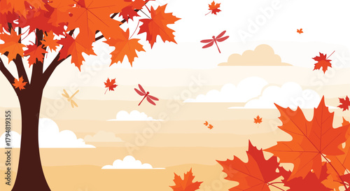 A tree with orange leaves and dragonflies flying in the sky.