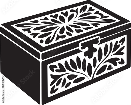 Hand Carved Wooden Box Vector Elegant Silhouette. Vector Black silhouettes. with white background
