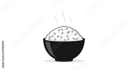 A steaming bowl of white rice in a black ceramic dish on a white background.