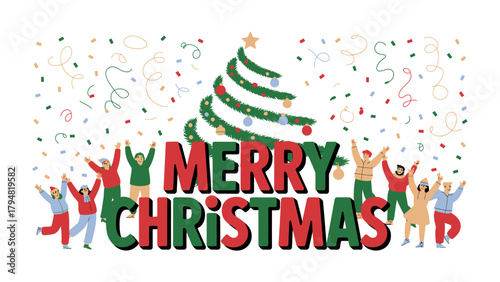 Joyful Christmas Cheer: Festive scene where people gather beneath a Christmas tree. The words Merry Christmas boldly displayed with the tree and confetti, evoking a sense of festive cheer and unity.