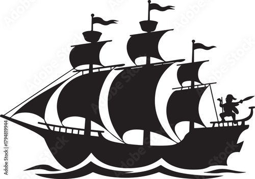 pirate ship design silhouette vector illustration. Vector Black silhouettes. with white background