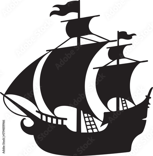 pirate ship design silhouette vector illustration. Vector Black silhouettes. with white background
