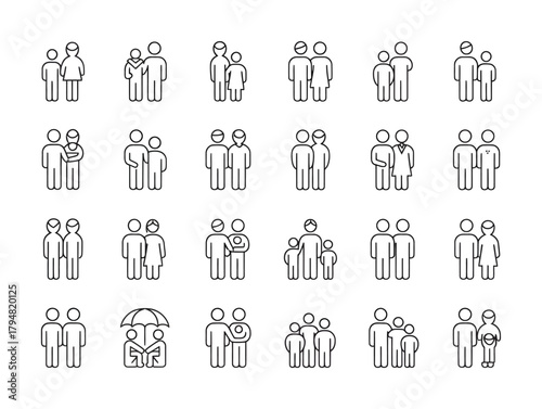 Family parenting people community relationship line icon set