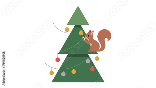 Festive squirrel decorating a Christmas tree: A playful squirrel is adorning a simplistic Christmas tree with colorful ornaments.