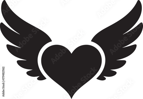 Heart with Angel Wings Vector Icon. Vector Black silhouettes. with white background
