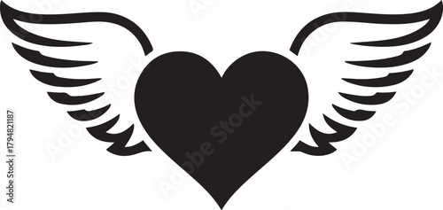 Heart with Angel Wings Vector Icon. Vector Black silhouettes. with white background