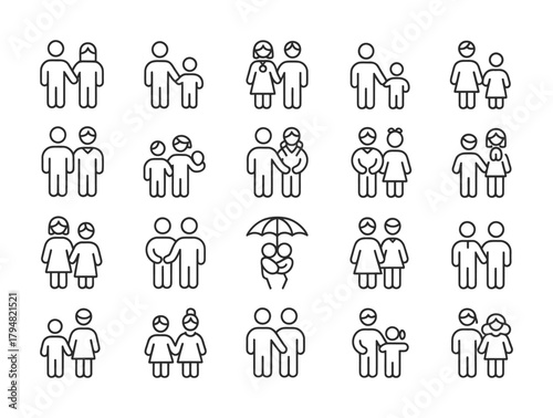 Family relationship outline icons set for parenting and community care