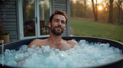 Man sitting in an ice bath outdoors, surrounded by ice cubes with a relaxed expression, in front of a house at sunset. Concept of relaxation. Ice bath pod concept