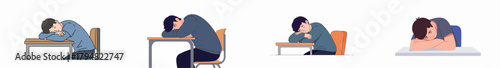 Four vector illustrations showing a tired student sleeping on a desk in class, representing exhaustion, fatigue, and academic burnout.