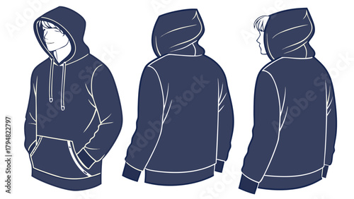 blue sweatshirt hoodie mockup  front and back, provided on a white background.