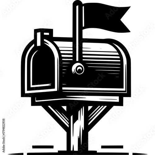 Vintage Mailbox Illustration: An artistic portrayal of a classic mailbox, with a flag raised in a vintage design, symbolizing the delivery of letters and correspondence. The design focuses on details.