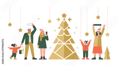 Christmas Cheer: A vibrant illustration depicts a family's joyous holiday spirit as they decorate the Christmas tree, capturing the magic and anticipation of the season.