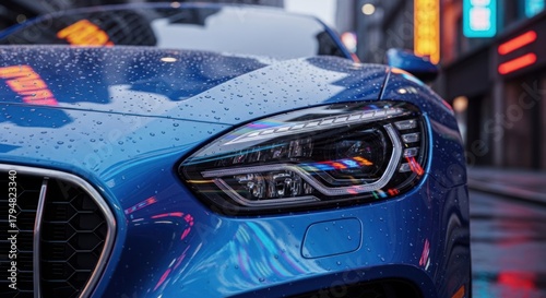 Modern blue car with LED headlights covered in raindrops on a city street at night.