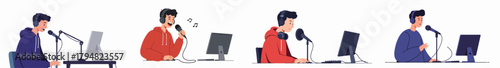 Young male podcaster or streamer recording audio using a microphone and headphones in front of a computer, flat vector set.