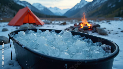Ice-filled tub in the foreground with a campfire and orange tent in a snowy mountain setting, representing adventure and wellness. Ice bath pod concept