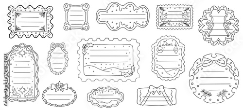 Christmas gift tags outline set – black and white winter labels for coloring and holiday stationery