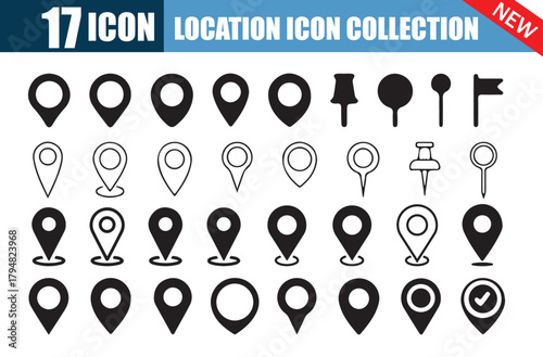 Geolocation and Map Pointer Icons. Black and Outline Navigation Symbols. Vector Illustration