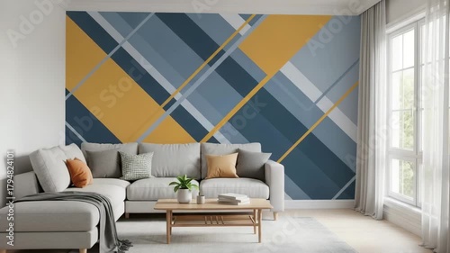 Chic living room with bold geometric blue  yellow accent wall.